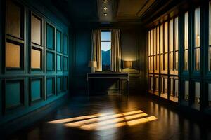 un' camera con blu muri e di legno piani. ai-generato foto