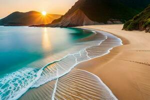 il sole sorge al di sopra di un' spiaggia con onde e colline. ai-generato foto