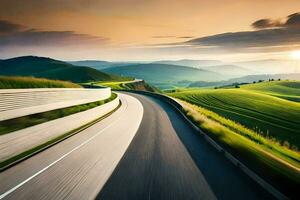 un' auto guida giù un' avvolgimento strada nel il campagna. ai-generato foto