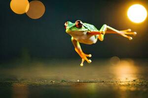 un' rana salto nel il aria con un' leggero sfondo. ai-generato foto