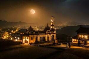 il Luna è splendente brillantemente al di sopra di un' moschea nel il mezzo di un' cittadina. ai-generato foto