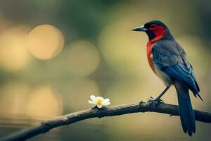 un' colorato uccello si siede su un' ramo vicino acqua. ai-generato foto
