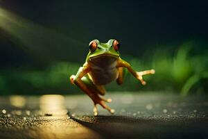 un' rana salto su il terra con un' luminosa luce. ai-generato foto