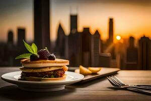 un' pila di Pancakes su un' piatto con un' paesaggio urbano nel il sfondo. ai-generato foto