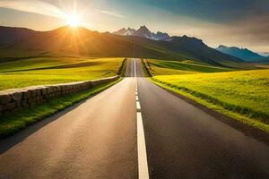 un' lungo strada con il sole splendente nel il distanza. ai-generato foto