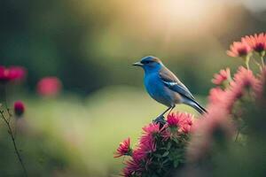 un' blu uccello si siede su un' fiore nel il sole. ai-generato foto