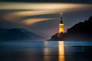 un' Chiesa Torre è illuminato su a notte nel il mezzo di un' lago. ai-generato foto