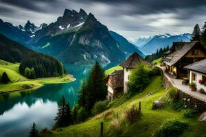 il Casa su il lago, il montagne, e il lago. ai-generato foto