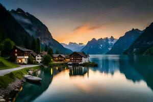 un' lago e montagna villaggio a tramonto. ai-generato foto