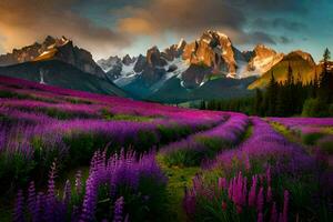 un' bellissimo viola campo con montagne nel il sfondo. ai-generato foto