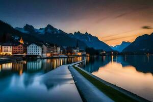 un' cittadina è riflessa nel il acqua a tramonto. ai-generato foto