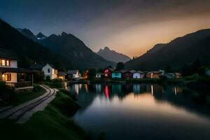 foto sfondo il cielo, montagne, lago, Casa, il villaggio, il montagne, il villaggio. ai-generato