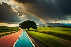 un' arcobaleno è visto nel il cielo al di sopra di un' strada. ai-generato foto