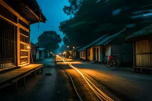 un' lungo esposizione fotografia di un' strada a notte. ai-generato foto