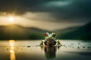 un' rana si siede su il bordo di un' lago a tramonto. ai-generato foto