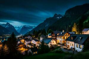 un' cittadina nel il montagne a notte. ai-generato foto