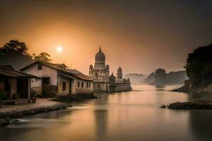 un' fiume con un' piccolo Casa nel il mezzo di esso. ai-generato foto