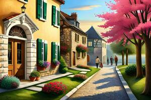 un' pittura di un' strada con alberi e case. ai-generato foto