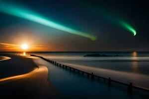 un' lungo molo con un' luminosa verde aurora leggero splendente al di sopra di il oceano. ai-generato foto