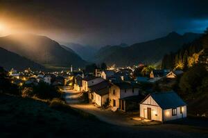 un' villaggio nel il montagne a notte. ai-generato foto