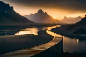 un' lungo ponte al di sopra di un' fiume con montagne nel il sfondo. ai-generato foto