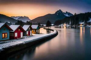 un' lago e un' riga di case nel il neve. ai-generato foto