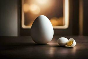 un uovo e un' metà conchiglia su un' tavolo. ai-generato foto