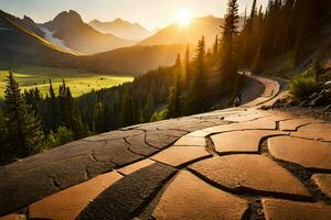 un' strada con un' pietra sentiero nel il montagne. ai-generato foto