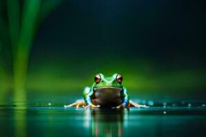 un' rana seduta su il acqua con un' verde sfondo. ai-generato foto