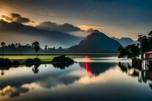 un' lago e montagne siamo riflessa nel il acqua. ai-generato foto