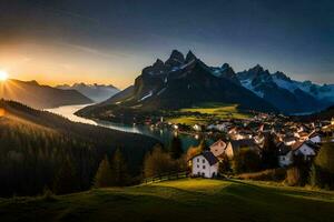 il sole imposta al di sopra di un' villaggio nel il montagne. ai-generato foto