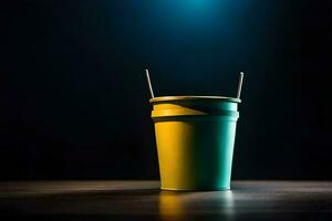 un' giallo e verde plastica tazza con Due cannucce. ai-generato foto