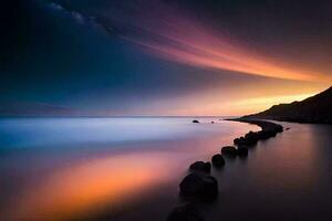 un' lungo esposizione fotografia di un' tramonto al di sopra di il oceano. ai-generato foto