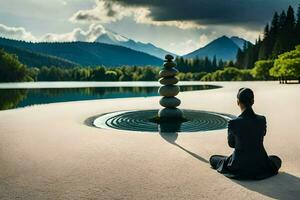 un' persona Meditare nel davanti di un' lago. ai-generato foto
