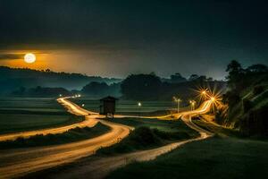 un' lungo esposizione foto di un' strada a notte. ai-generato