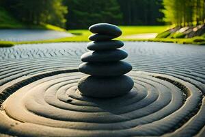 un' pila di rocce nel un' zen giardino. ai-generato foto