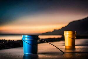 Due benne siamo seduta su il spiaggia a tramonto. ai-generato foto