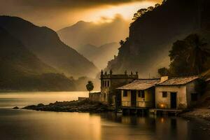 un' piccolo Casa si siede su il riva di un' lago. ai-generato foto