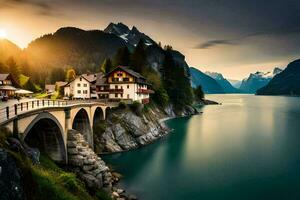 un' ponte al di sopra di un' lago e montagne a tramonto. ai-generato foto