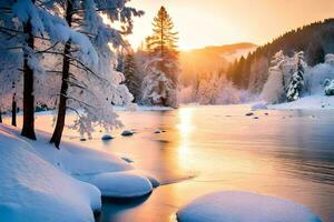 un' nevoso fiume con alberi e neve. ai-generato foto