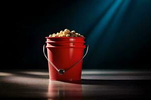 un' rosso secchio pieno con Popcorn su un' buio tavolo. ai-generato foto