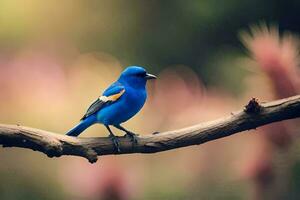 un' blu uccello seduta su un' ramo. ai-generato foto