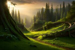 foto sfondo il foresta, alberi, sentiero, sole, alberi, il foresta, il foresta,. ai-generato