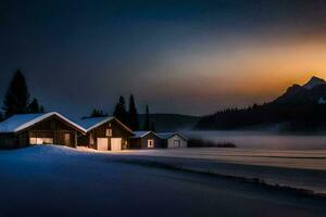 un' cabina nel il neve a tramonto. ai-generato foto