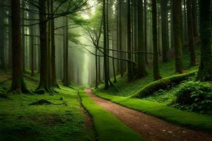 un' sentiero attraverso un' foresta con alberi e erba. ai-generato foto