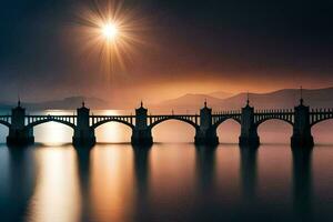 un' ponte spanning al di sopra di acqua a tramonto. ai-generato foto