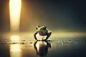 un' rana è in piedi su un' bagnato superficie. ai-generato foto