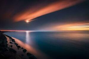 un' lungo esposizione fotografia di il tramonto al di sopra di il oceano. ai-generato foto