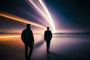 Due uomini a piedi lungo il spiaggia a notte. ai-generato foto