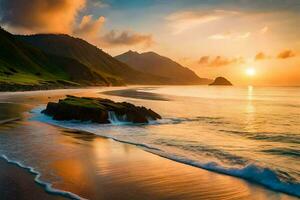 il sole imposta al di sopra di il oceano e montagne nel Questo bellissimo foto. ai-generato foto